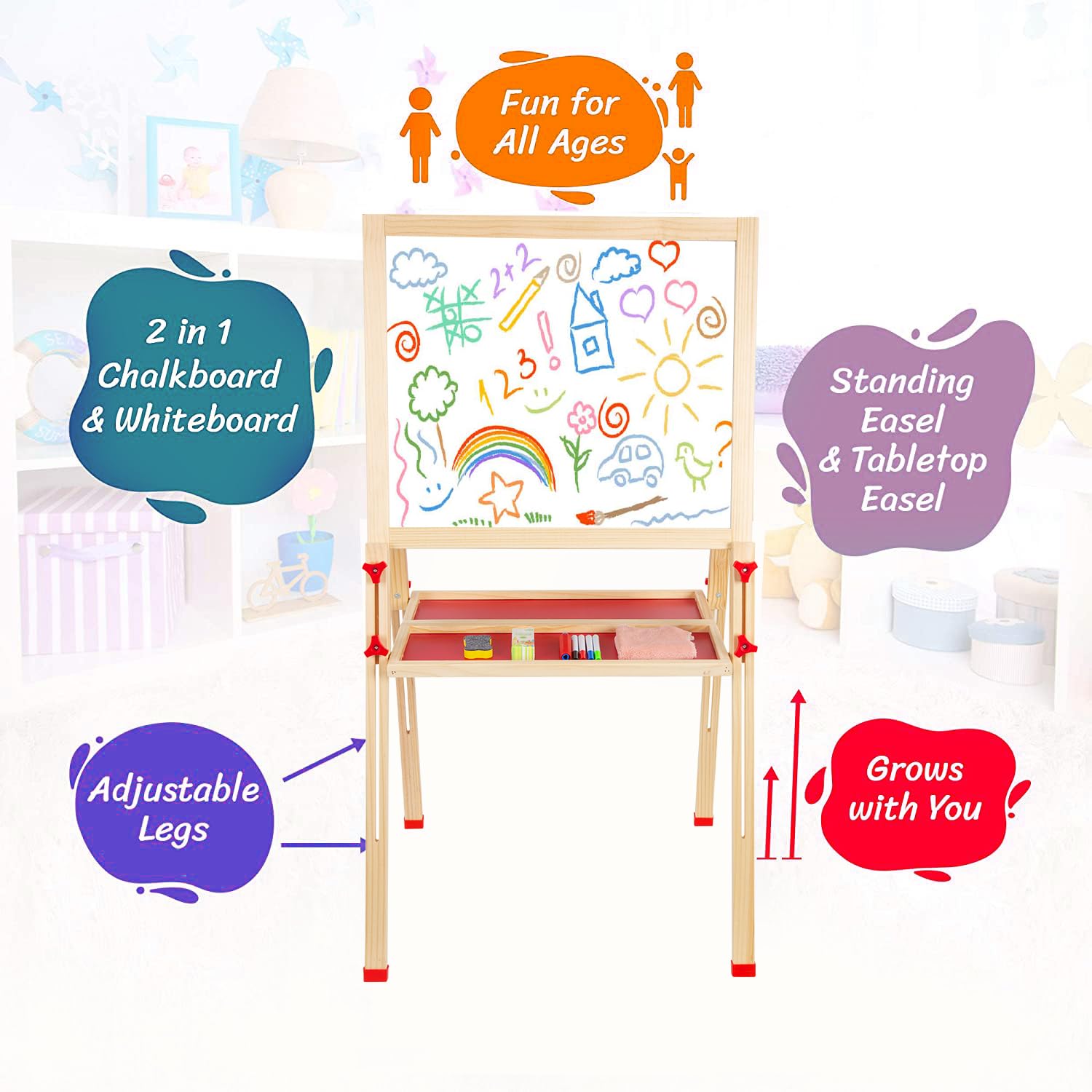 OMOTIYA Adjustable Wooden Easel for Kids, Standing Art Easel for Kids 3, 4, 5, 6, 7, 8 Years Old Boy & Girls, Foldable Toy Painting Easel for Children with Chalkboard & Magnetic Whiteboard