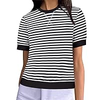 Womens Summer Tops Casual Crewneck Short Sleeve Striped Color Block Tshirt Trendy Pullover T Shirts Dressy Blouses