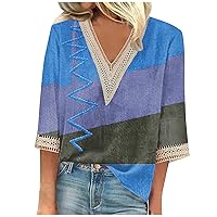 3/4 Length Sleeve Shirts for Women Casual Loose Summer Tops 2024 Trendy Floral Graphic Tees Sexy Lace V Neck T Shirts