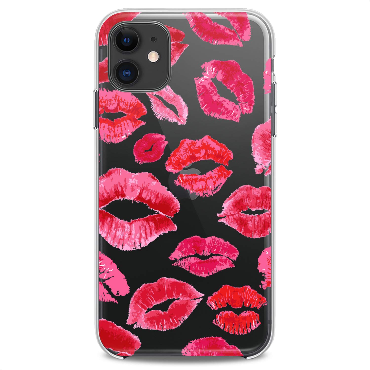 Cavka TPU Case Compatible with iPhone 15 14 13 12 11 Pro Max Plus Mini Xs Xr X 8+ 7 6 5 SE Red Kisses Flexible Silicone Clear Slim fit Female Design Cute Bright Big Lips Pink Print Girlish Lipstick