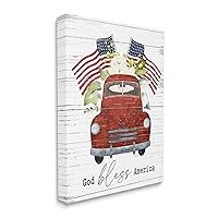 Stupell Industries God Bless America Sentiment Americana Red Truck Flags, Designed by Lettered and Lined Canvas Wall Art, White
