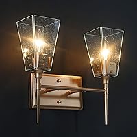 KSANA Bathroom Light Fixtures, 2 Light Gold Vanity Light with Seeded Glass Shade for Over Mirror, Bathroom, 14