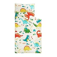 Wake In Cloud - Extra Long Nap Mat with Removable Pillow for Kids Toddler Boys Girls Daycare Preschool Kindergarten Sleeping Bag, Dinosaurs Printed on Ivory Cream, 100% Cotton with Microfiber Fill