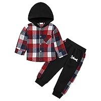 Toddler Boys Clothes Flannel Button Down Plaid Long Sleeve Hoodied Tops + Pants Kids 2pcs Spring Fall Outfits Set