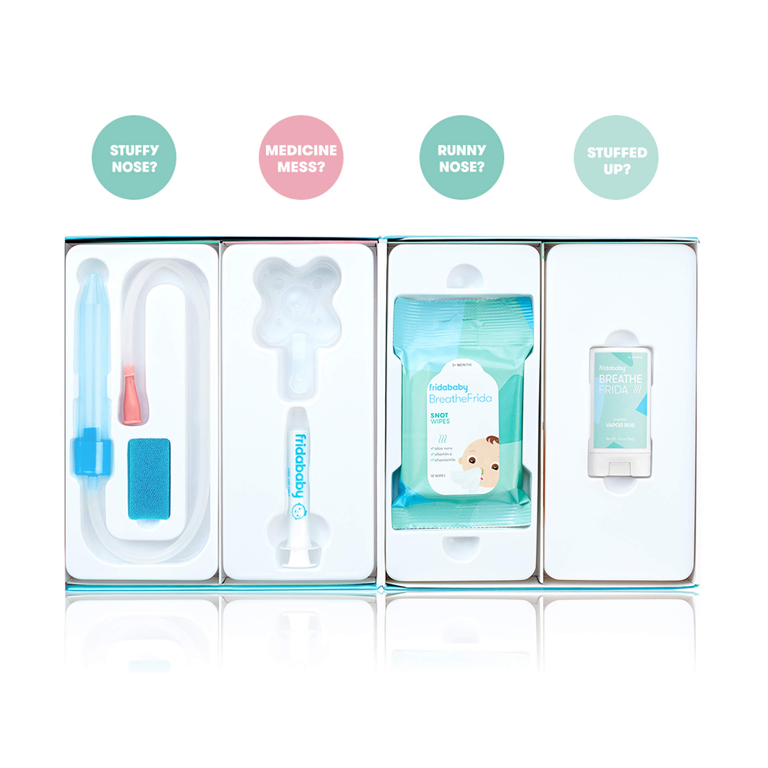 Frida Baby Sick Day Prep Kit - Includes NoseFrida Nasal Aspirator, MediFrida Pacifier Medicine Dispenser, Breathefrida Vapor Chest Rub + Snot Wipes. Soothe Stuffy Noses for Babies with A Cold