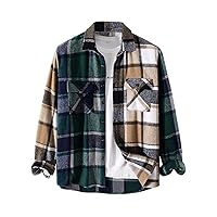Men's Plaid Long Sleeves Shirts Flannel Patchwork Button Down Fleece Blouse Shacket Tops with Pockets