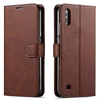 Samsung Galaxy A01 Phone Case, Included [Tempered Glass Screen Protector], STARSHOP- Premium Leather Wallet Pocket Cover and Credit Card Slots - Brown