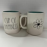 Rae Dunn CUP OF HAPPINESS Mug - Green inside - Double sided with daisy - 16 oz - Dishwasher and Microwave safe