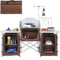 VBENLEM Camping Kitchen Table, Aluminum Portable Folding Camp Cook Table with Windshield, 3 Cupboard, Storage Organizer, Quick Installation for Outdoor Picnic Beach Party Cooking, Brown