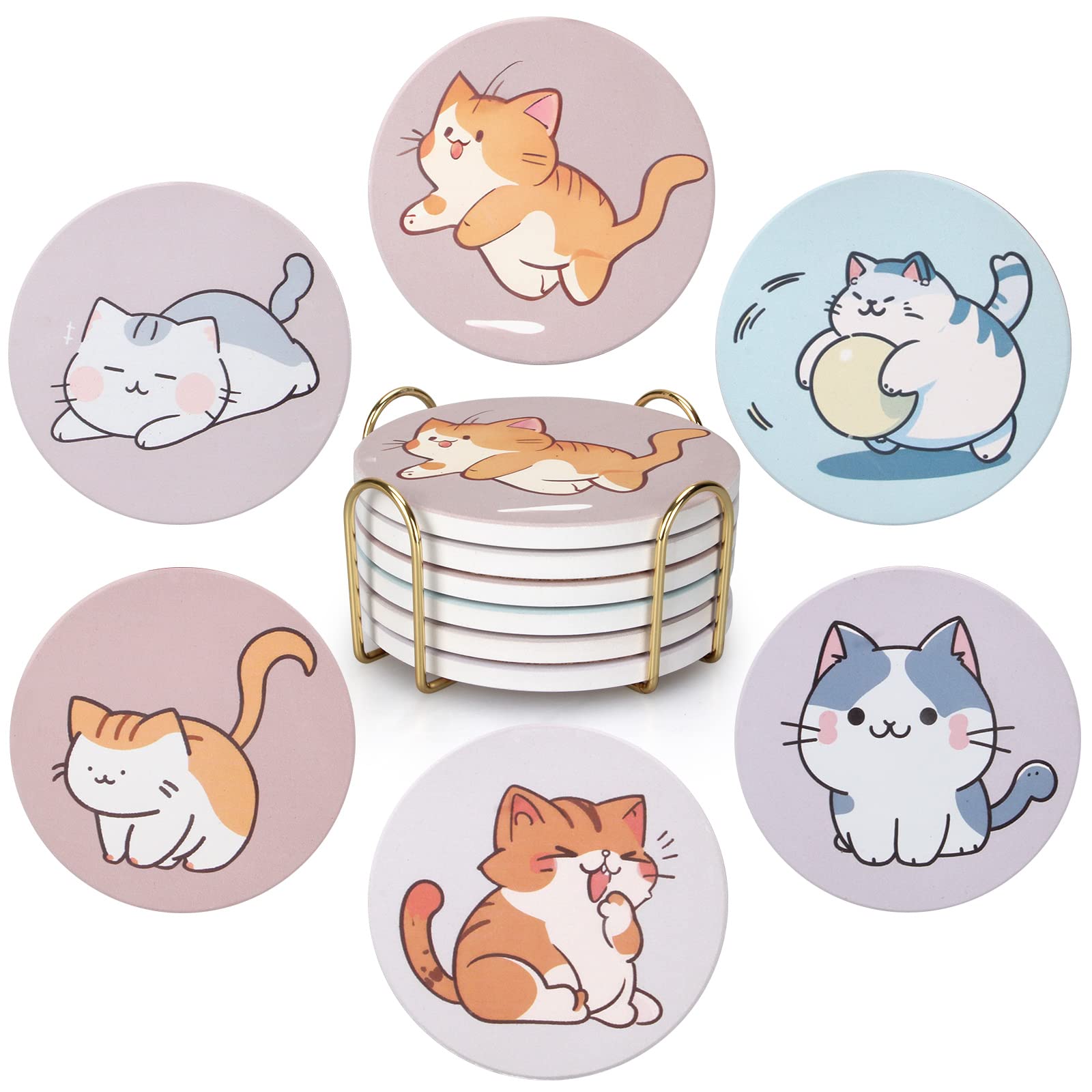6 Pcs Cute Coasters Funny Cat Coasters with Holder Absorbent Ceramic Coasters for Table Drink Coaster Gift Round Multicolor Beverage Beer Coasters Best Fun Bar Coasters