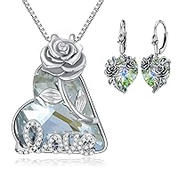 PELOVNY Rose Jewelry Set 925 Sterling Silver Heart Crystal Rose Flower Necklace & Earrings Anniversary Birthday Gifts for Women Wife Girlfriend Her
