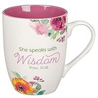Inspirational Ceramic Coffee & Tea Scripture Mug for Women: She Speaks with Wisdom Bible Verse, Microwave & Dishwasher Safe Drinkware, Multicolor Floral, White & Dark Pink, 12 oz.