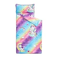 Wake In Cloud - Extra Long Unicorn Nap Mat, with Removable Pillow for Kids Toddler Boys Girls Daycare Preschool Kindergarten Sleeping Bag, Colorful Unicorns Rainbow, 100% Microfiber