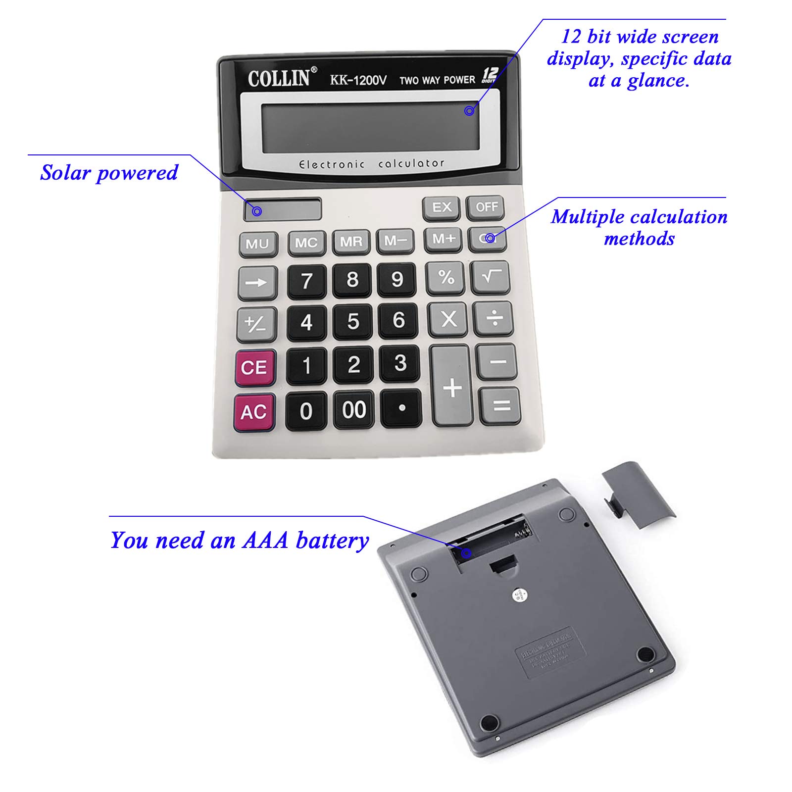 Desk Calculator, 12-Digit Solar Battery Office Calculator with Large LCD Display Big Sensitive Button, Dual Power Desktop Calculators