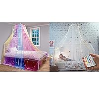 Bollepo Rainbow & LED Bed Canopy for Girls with Glowing Stars - Princess Crib Netting Room Decor | Single, Twin, Full, Queen Size Kids Bed Curtains, Fire Retardant Fabric