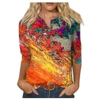 Summer Tops for Women, 3/4 Sleeve Casual Cute Tees Button Crew Neck Print Blouses Plus Size Basic Fashion Shirts