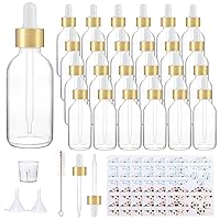 24 Pack 2oz Clear Glass Bottles with Golden Top Eye Droppers for Essential Oils, Perfumes & Lab Chemicals (Brush, Funnels, 2 Extra Droppers, 36 Pieces Labels & 30ml Measuring Cup Included)