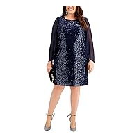 Connected Apparel Womens Navy Sequined Sheer Pull Over Lined Darted Long Sleeve Round Neck Knee Length Party Sheath Dress Plus 22W