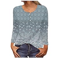 YZHM Long Sleeve Shirts for Women Floral Henley Tops V Neck Trendy Tshirts Comfy Graphic Tees Fashion Blouses for Spring Fall