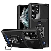 Designed for Galaxy S23 Ultra Case with Slide Camera Cover and Slim Credit Card Ring Holder Stand Card Holder Slot Dual Layer Hybrid TPU Bumper Protective with Magnetic Car Mount Holder Black
