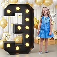 Marquee Number 3 4ft Light up Numbers Black Large Numbers with Lights for 3th Birthday Party Decorations Giant LED Mosaic Frame Sign Letter 3 Cardboard Pre-Cut Foam Board Diy Anniversary Decor