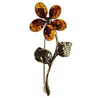 BALTIC AMBER AND STERLING SILVER 925 DESIGNER COGNAC FLOWER BROOCH PIN JEWELLERY JEWELRY