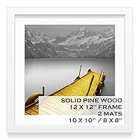 12x12 Picture Frames White Solid Wood Display Pictures 10x10 or 8x8 with Mat or 12x12 without Mat - 12x12 Inch Square Photo Frames with 2 Mats for Wall or Tabletop Mount, 1 Pack