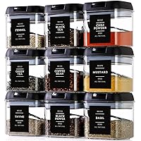 Spice Containers with Labels 9 Pcs Large Plastic Tea Storage Containers with 148 Spice Labels and 9 Spoons Square Airtight Food Containers Set with black Lids for Kitchen Pantry