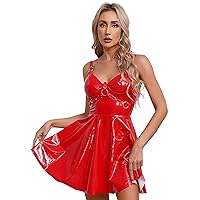Women’s Sexy Spaghetti Strap V Neck Patent Leather Backless Mini Bodycon Dress Clubwear