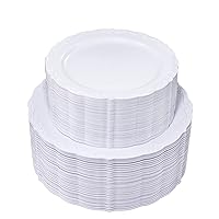 U-QE 100 Pieces White Plastic Plates - White Disposable Plates - Premium Hard Plastic Disposable Plates for Mother's Day and Wedding Use Including 50 Dinner Plates 10.25 '' & 50 Dessert Plates 7.5 ''
