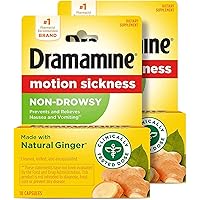 Dramamine Motion Sickness Relief, Non-Drowsy, Naturals with Ginger, 18 Ct. (Pack of 2)