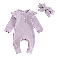 Newborn Baby Girls Clothes Infant Ruffle Knit Romper Long Sleeve Ribbed Bodysuit Onesie Jumpsuit Headband Coming Home Outfit