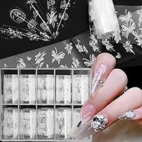 Holographic Nail Foil Transfer Stickers- 10Rolls White Flower Nail Art Accessories White Floral Petal Leaves Lace Rose Butterfly Starry Paper Design for Acrylic Nails Art Charm DIY Manicure Decoration