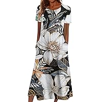 Dresses for Women 2024 Casual Summer Round Neck Short Sleeve Boho Floral Print Loose Flowy Maxi Sundress with Pockets