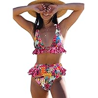 SPORLIKE Women High Waisted Swimsuit Ruffle V Neck Bikini Two Pieces Swimwear