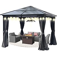 10x10 Hardtop Metal Gazebo,Heavy Duty Pergola with Mosquito Nets&Strip Lights,Galvanized Steel&Polycarbonate Roof,Sturdy Outdoor Canopies Tent,Suitable for Gardens,Patio,Backyard