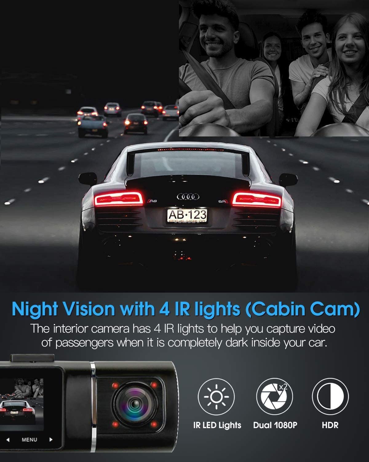 Dash Cam Abask,Dash cam Front and Inside with 32G SD Card,1080P+1080P Dash Camera for Cars, 310° Wide Angle,Night Vision WDR G-Sensor Parking Monitor Loop Recording Motion Detector