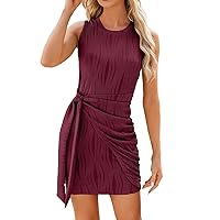 Women 2024 Summer Dresses Casual Short Sleeve Knit Ruched Mini Dress Sleeveless Bodycon Club Tank Dress Beach Sundress