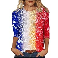 4th of July T Shirts for Women 3/4 Sleeve Round Neck Cute Patriotic Shirts Casual Print Three Quarter Length T Shirt
