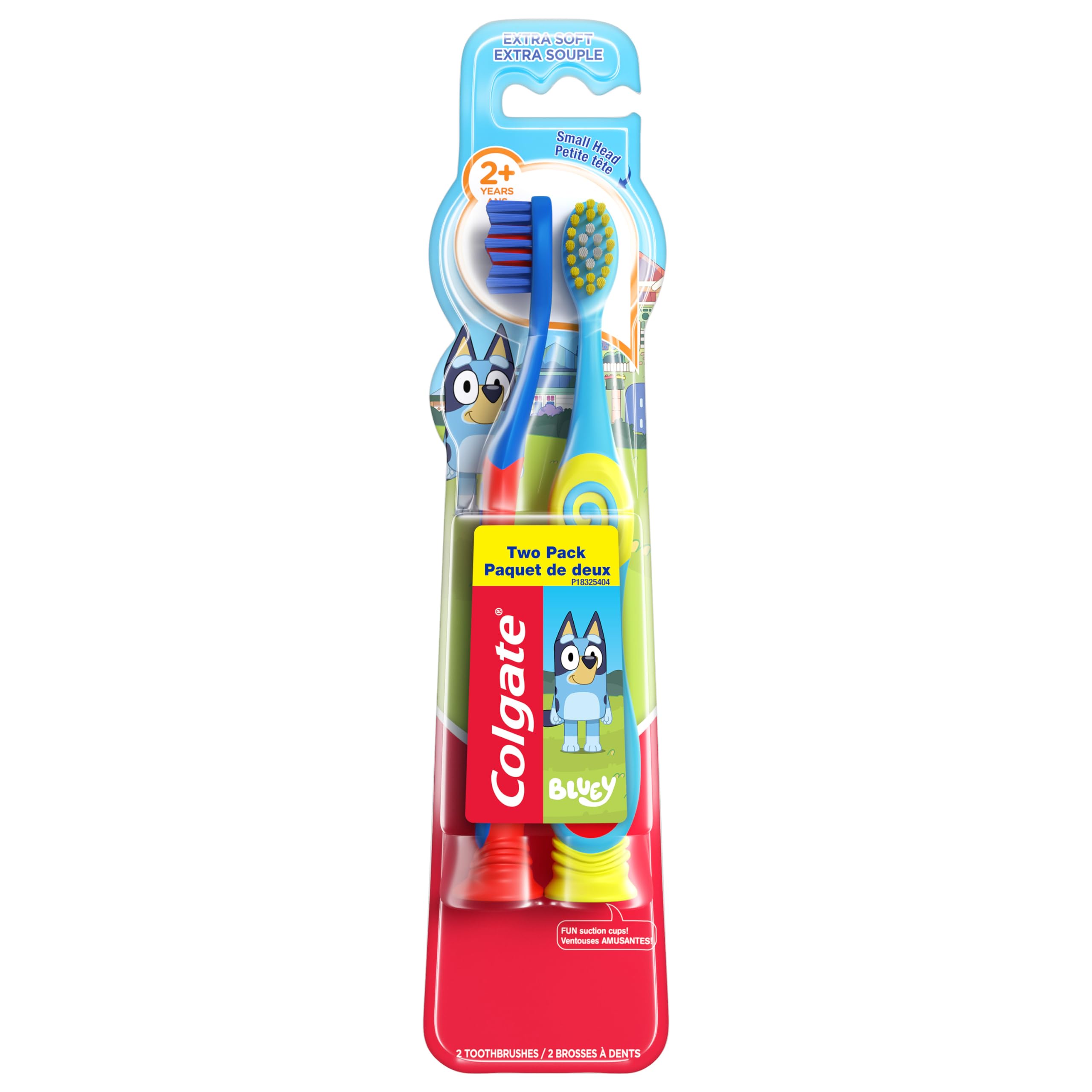 Colgate Extra Soft Toothbrush for Kids, Kids Toothbrush Pack with Built in Suction Cup Toothbrush Holder, Designed for Children Ages 2 and Up, Extra Soft Bristles, Bluey, 2 Pack