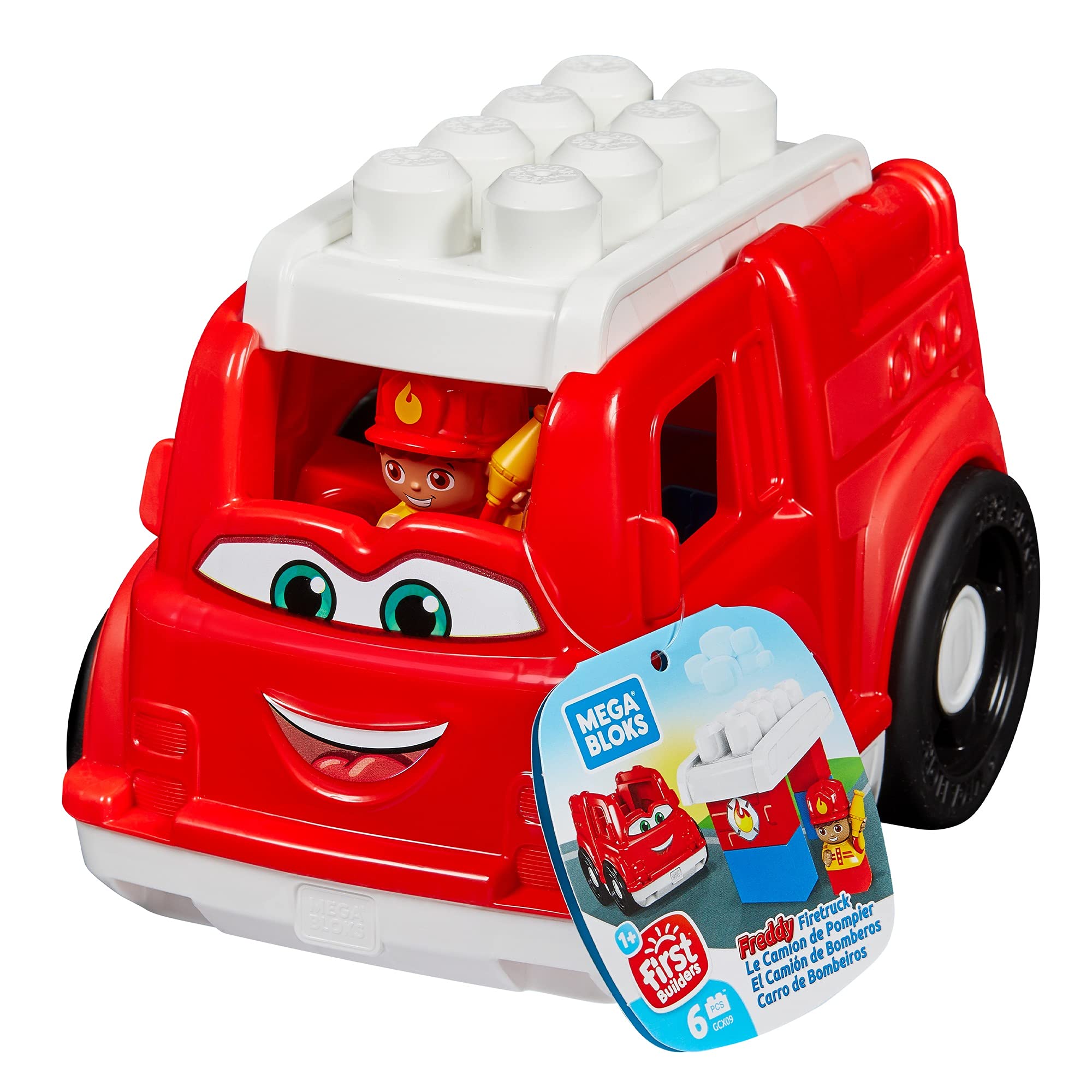 MEGA BLOKS Fisher-Price Toddler Building Blocks, Freddy Fire Truck with 6 Pieces and Storage, 1 Figure, Red, Toy Car Gift Ideas for Kids