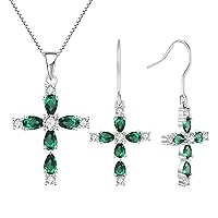 YL Cross Pendant Necklace 925 Sterling Silver Created Emerald Dangle Earrings Religious Jewelry Set Gemstone Christian Baptism Gift