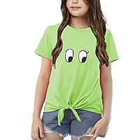 Girls Tie Front Knot T-Shirt Eyes Print Short Sleeve Lovely Loose Casual Summer Blouse Tee Tops Size 4-13