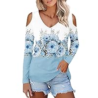Personality Cold Shoulder Tops for Women 2024 Spring Floral Print Off-Shoulder Tshirt Sexy V-Neck Long Sleeve Blouse