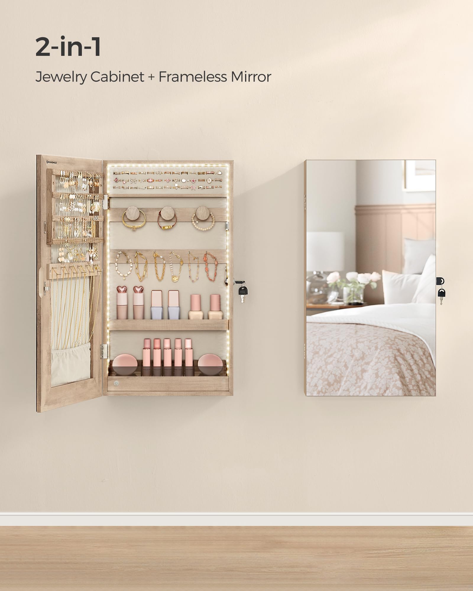 SONGMICS Mirror Jewelry Cabinet Armoire with Built-in LED Lights, Wall or Door Mounted Jewelry Storage Organizer, 3.8 x 14.6 x 26.4 Inches Hanging Mirror Cabinet, Gift Idea, Camel Brown UJJC050N01