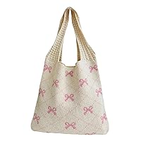 Bow Crochet Tote Bag for Women, Aesthetic Hobo Bag Cute Handbag Knitted Tote Embroidered Y2k Shoulder Bag for Girls