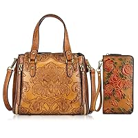 Purse and Handbags for Women Leather Shoulder Hand Bags and Women’s RFID Blocking Wallet Brown Bundle