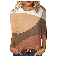 Womens T Shirts 2024 Trendy Geometric Color Patchwork Printed 3/4 Sleeves Blouse Round Neck Loose Casual Tops