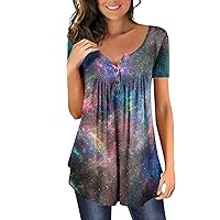 Womens Tops, 2024 Summer Casual Trendy Star Print Short Sleeve Pleated Hide Belly Henley Tunic Tops To Wear With Leggings