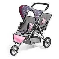 Twin Dolls pram Duo, Double Stroller, with Three Wheels, cannopy, Security Belt, Fairy